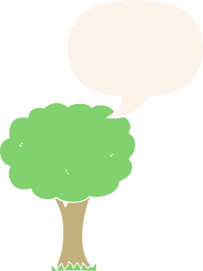 bir insan tarafından çizilmiş, konuşma baloncuklu çizgi film ağacı.