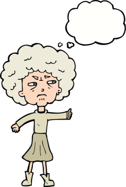 Bir insan tarafından çizilmiş düşünce baloncuğuyla yaşlı bir kadını rahatsız eden çizgi film.