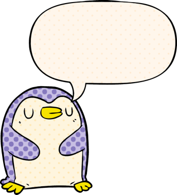 Bir insan tarafından çizilmiş çizgi roman tarzında konuşma balonu olan penguen çizgi filmi.