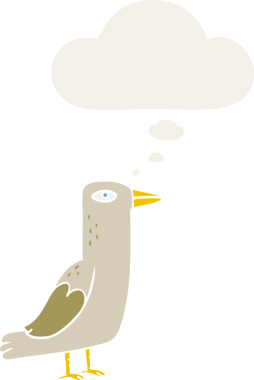 Düşünce baloncuğu olan çizgi film kuşu insan tarafından çizilmiş.