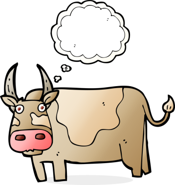 Bir insan tarafından çizilmiş düşünce baloncuklu çizgi film boğası.