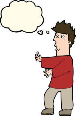 Bir insan tarafından çizilmiş düşünce baloncuğuyla el sallayan sinirli bir adam.