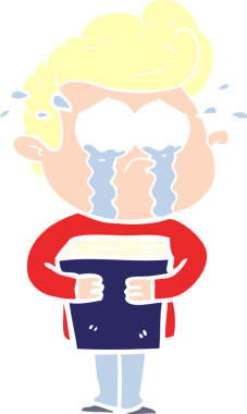 Düz renkli çizgi film ağlayan adam elinde kitap tutan bir insan tarafından çizilmiş.