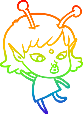 Gökkuşağı gradyan çizimi. Bir insan tarafından çizilmiş güzel bir uzaylı kız çizimi.