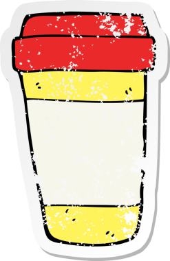 Bir insan tarafından çizilmiş çizgi film kahve fincanının sıkıntılı çıkartması.