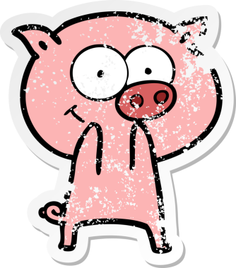 Bir insan tarafından çizilmiş neşeli bir domuz çizgi filminin hüzünlü çıkartması.