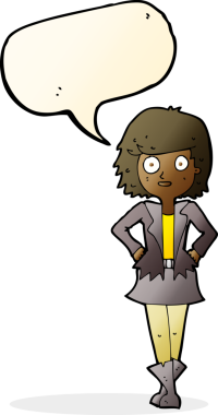 Bir insan tarafından çizilmiş konuşma balonu olan ceketli kız.