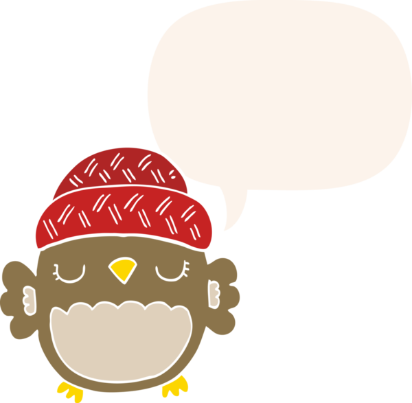 Bir insan tarafından çizilmiş konuşma baloncuğu ile şapkalı sevimli bir baykuş.