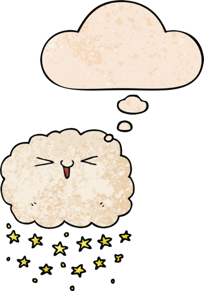 Bir insan tarafından çizilmiş grunge dokuma tarzında düşünce baloncuğu olan mutlu çizgi film bulutu