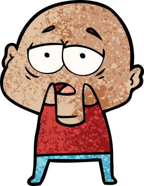 Bir insan tarafından çizilmiş yorgun, kel bir adam.