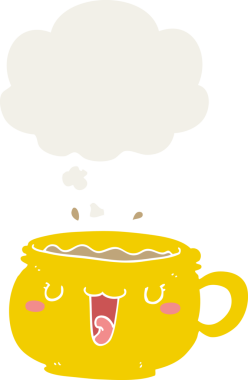 Düşünce baloncuklu tatlı çizgi film kahve fincanı insan tarafından çizilmiş.