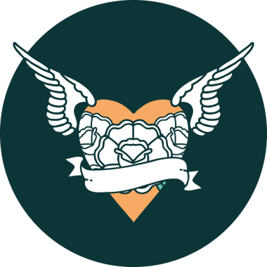 Kanatlı, çiçek ve bir insan tarafından çizilmiş bir kalbin ikonik dövme görüntüsü.