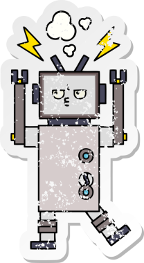 Bir insan tarafından çizilmiş sevimli bir robot çizgi film çıkartması.