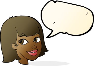 Bir insan tarafından çizilmiş konuşma balonlu mutlu kadın yüzü.