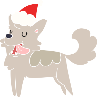 Bir insan tarafından çizilmiş Noel Baba şapkası takan mutlu bir köpeğin düz renkli çizimi.