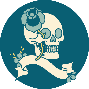 Bir insan tarafından çizilmiş kafatası ve gül şeklinde dövme simgesi