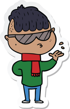 Bir insan tarafından çizilmiş güneş gözlüğü takan çizgi film çocuğunun çıkartması.