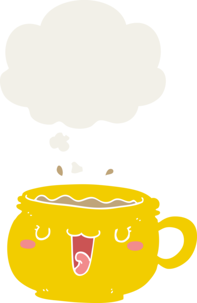 Düşünce baloncuklu tatlı çizgi film kahve fincanı insan tarafından çizilmiş.