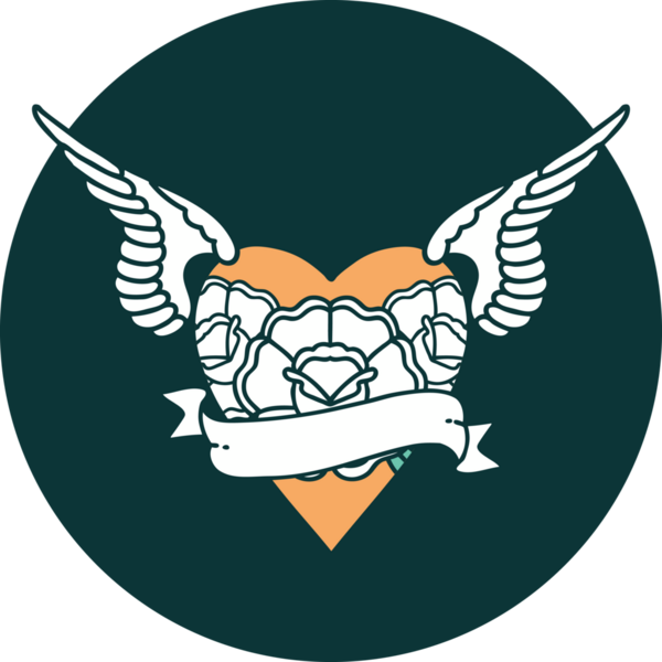 Kanatlı, çiçek ve bir insan tarafından çizilmiş bir kalbin ikonik dövme görüntüsü.