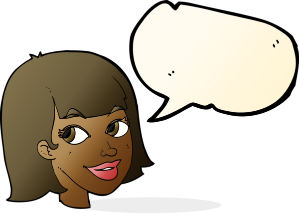 Bir insan tarafından çizilmiş konuşma balonlu mutlu kadın yüzü.