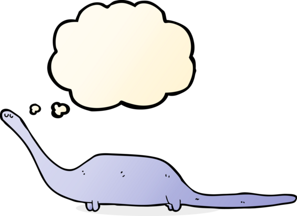 Bir insan tarafından çizilmiş düşünce baloncuklu bir dinozor.