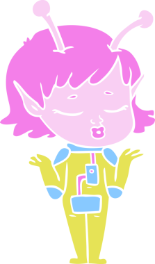 Bir insan tarafından çizilmiş düz renkli uzaylı kız çizgi filmi.