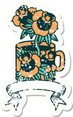 Bir fincan sancağıyla eski bir etiket ve bir insan tarafından çizilmiş çiçekler.