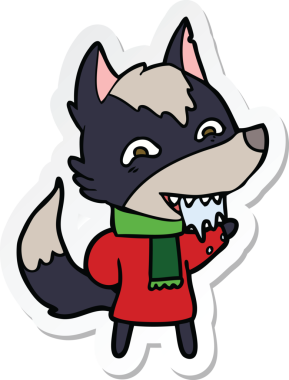 Bir insan tarafından çizilmiş kışın giydirilmiş aç kurt çizgi filminin çıkartması.