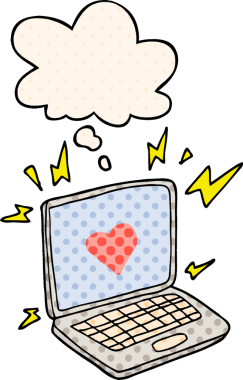 Bir insan tarafından çizilmiş, düşünce baloncuklu internet randevu karikatürü.