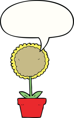 Bir insan tarafından çizilmiş konuşma baloncuğu olan sevimli bir karikatür çiçeği.