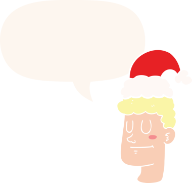 Bir insan tarafından çizilmiş, eski moda konuşma balonlu Noel şapkası takan bir çizgi film adamı.