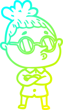 Bir insan tarafından çizilmiş gözlük takan çizgi film kadını çizimi.