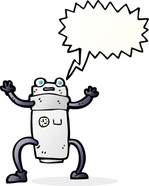 Bir insan tarafından çizilmiş konuşma balonu olan çizgi film robotu.