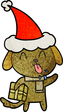 Noel hediyesi olan bir köpeğin insan tarafından çizilmiş Noel Baba şapkasıyla çizilmiş güzel bir el çizimi.