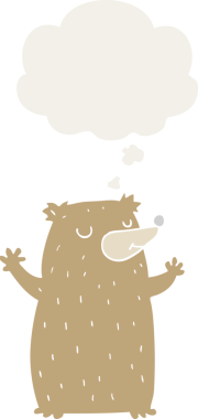 Düşünce baloncuğu olan çizgi film ayısı insan tarafından çizilmiş.