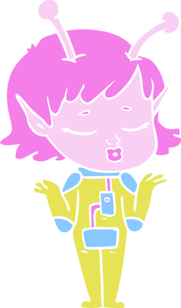 Bir insan tarafından çizilmiş düz renkli uzaylı kız çizgi filmi.