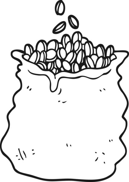 El yazısıyla çizilmiş siyah beyaz bir karikatür. Bir insan tarafından çizilmiş büyük bir para çantası.