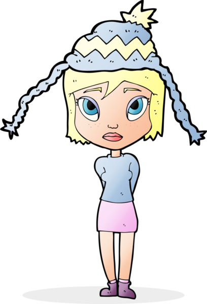 Bir insan tarafından çizilmiş kış şapkası takan karikatür kadın.