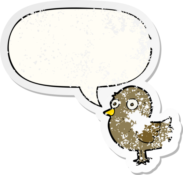 Konuşma baloncuğu olan çizgi film kuşu, bir insan tarafından çizilmiş sıkıntılı eski bir çıkartma.