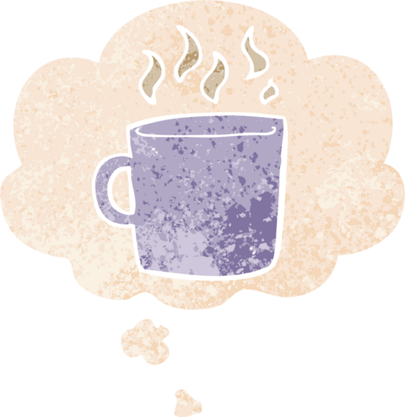 Düşünce baloncuklu karikatür sıcak kahve grunge sıkıntılı retro dokuma tarzı bir insan tarafından çizilmiş