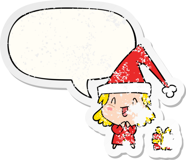 Karikatür kızı, konuşma baloncuklu Noel şapkası takıyor. Bir insan tarafından çizilmiş sıkıntılı eski bir çıkartma.
