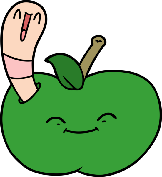 Bir insan tarafından çizilmiş elmanın içinde mutlu bir solucan.