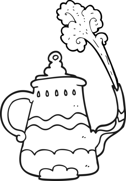 Bir insan tarafından çizilmiş siyah beyaz çizgi film süslü kahve demliği.