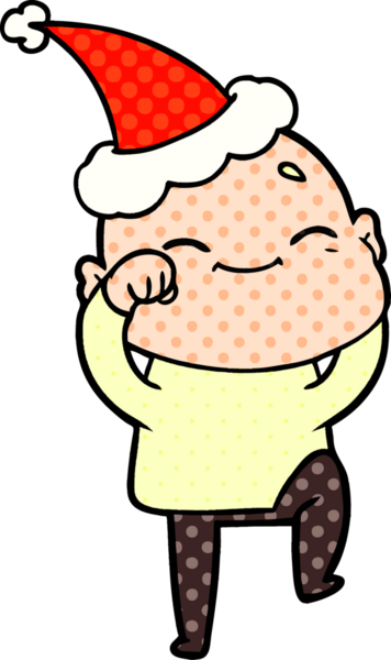 Mutlu el çizimi çizgi roman tarzı Noel Baba şapkası takan kel bir adamın bir insan tarafından çizilmiş resmi.