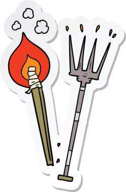 Çizgi film yabası çıkartması ve bir insan tarafından çizilmiş yanık damga.