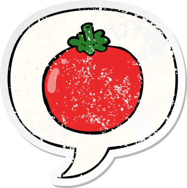 Konuşma baloncuklu çizgi film domatesi bir insan tarafından çizilmiş sıkıntılı eski bir çıkartma