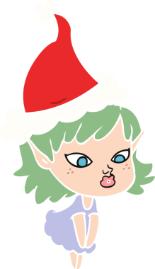 Bir insan tarafından çizilmiş Noel Baba şapkası giyen bir elf kızının güzel düz çizilmiş resmi.