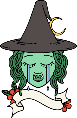 Retro Dövme Tarzı Bir insan tarafından çizilmiş yarı ork cadı yüzü ağlıyor