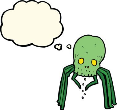 Bir insan tarafından çizilmiş düşünce baloncuklu korkunç kafatası örümceği.