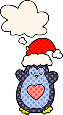 Bir insan tarafından çizilmiş çizgi roman tarzında düşünce baloncuğu olan şirin bir Noel pengueni.